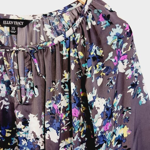 Ellen Tracy, 3X Top, Gray w/ Abstract Floral Print, Long Sleeve, Flowy Full Cut - Picture 6 of 14